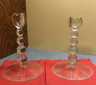 Set Vintage Paden City Crystal Candlestick Holders W/ Etched Base Ball Stem 6.  5 "