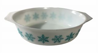 Vtg Pyrex Blue Turquoise Snowflake White 2 1/2 Qt Oval Casserole Dish 045