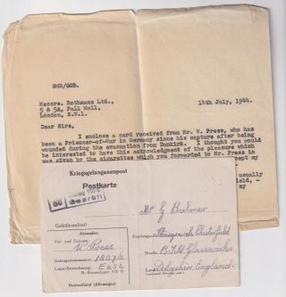 Ww2 Captured At Dunkirk Soldiers Prisoner Of War Card Stalag Viiib 1944 Letter