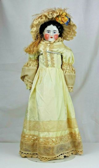 Antique Large China Shoulder Head Doll Black Hair Blue Eyes Cloth Body 21 "