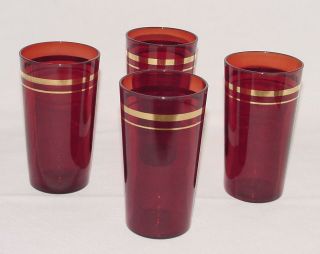 Set Of Four Perfect Vintage Ruby Red W/gold Trim Water Tumblers