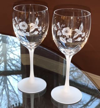 Vintage Crystal Etched Hummingbird Wine Glasses,  Set Of 2,  Crystal Water Goblets