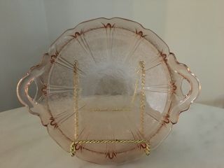 Vtg Jeannette Cherry Blossom Pink Depression Glass Cake Plate Platter W/ Handles