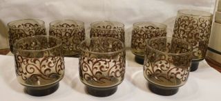 Vintage Set Of 7 Libbey Prado Old Fashioned Juice Glasses Tumblers Scroll Brown