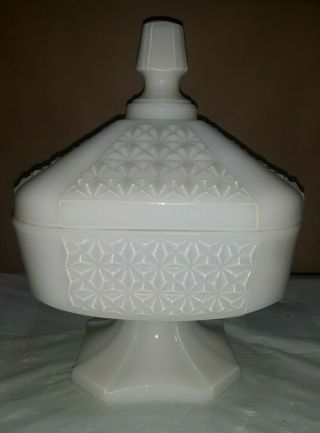 Vintage Milk Glass Square Pedestal Candy Dish With Lid