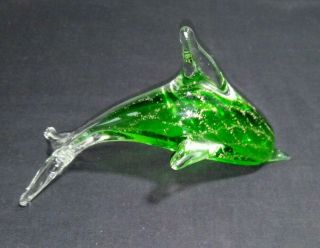 Lovely Murano Style Green With Gold Accents Dolphin Art Glass Figurine