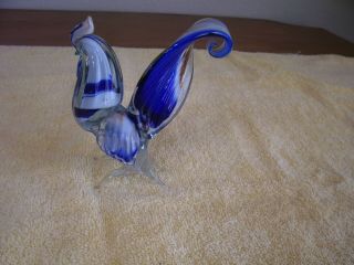 Colorful Hand Blown Murano Style Glass Rooster Farm Figurine - 5 " Tall - Blue -