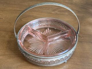 Vintage Pink Depression Glass Divided Condiment/relish Dish W/metal Basket/caddy