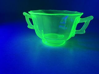 Vintage Green Vaseline Uranium Glass Sugar Bowl Two Handles Ten Sided Paneled