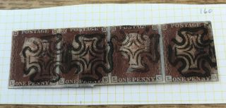 1d Red 1841.  Strip Of 4 Cancelled With Black M/x