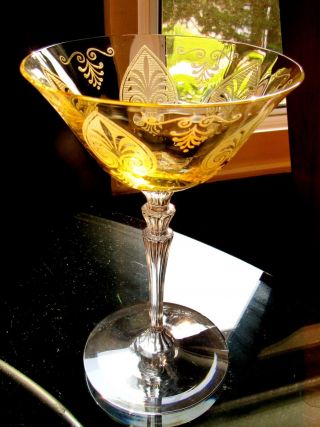 Vintage Fostoria Trojan Topaz Yellow Tall Champagne Goblet Clear Stem Shields