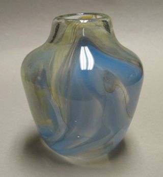 Doug Sweet Art Glass Vase,  Swirls,  5 1/4 ",  Blue Yellow Gray,  Usa