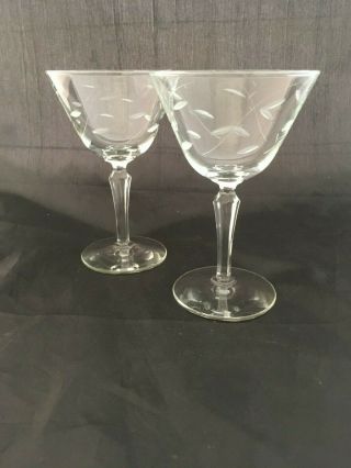 Set Of 2 Vintage Mid Century Modern Etched Crystal Coupe Cocktail Glasses Libbey