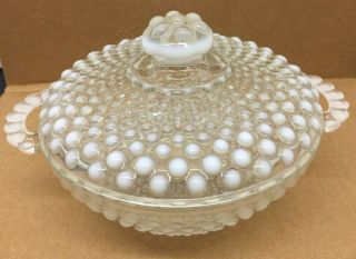 Vintage Fenton White Opalescent Hobnail Handled Candy Dish With Lid