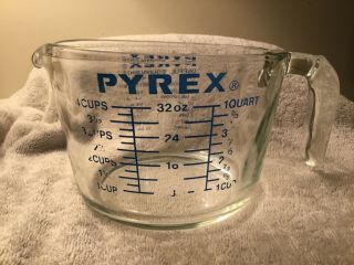 Vintage Pyrex 4 Cup Blue Lettering Measuring Cup Mixing Bowl Open Handle 532 - 0
