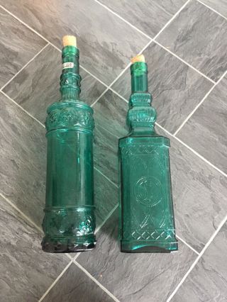 2 Vintage Green Glass Decorative Bottles Hand Made In Spain