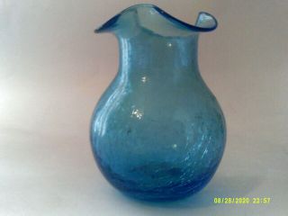 Vintage Blenko Blown Crackle Glass Ruffled Blue Vase 5.  5 "