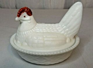 Westmoreland Hen On Nest White Milk Glass Candy Dish Chicken Basketweave Bowl