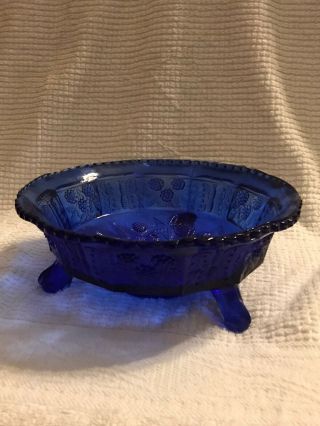 Vintage Cobalt Blue Footed Glass Bowl With Berries And Scalloped