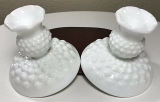 Pair Vintage Fenton Hobnail White Milk Glass Candle Holders Signed