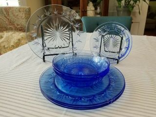 Vintage Avon By Fostoria American Blue Set Of 4 Dinner Plates & 4 Bowls