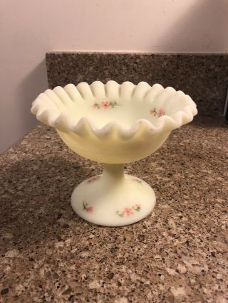 Vintage Fenton Yellow Satin Custard Glass Compote Candy Dish Hand Painted Signed