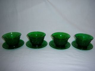 4 Euc Vintage Green Sandwich Glass Custard Cups & Liners Anchor Hocking ??