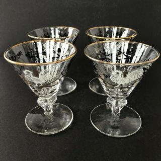 4 Vintage Libbey Cocktail Glasses Rooster Weathervane Cherub Gold Rim Martini