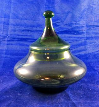 Vintage Mcm Empoli Glass Apothecary Jar Dish Stubby Olive Green Hand Blown