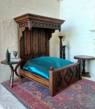 Half Tester Bed Linenfold,  Artisan Handcarved Medieval Tudor Dollhouse Miniature