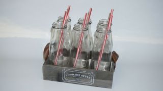 " Country Style " Wooden Milk Carrier W/ " 6 " Glass Bottles