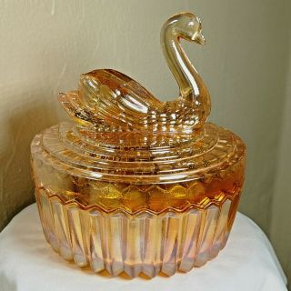 Vintage Jeannette Marigold Carnival Glass Swan Powder Trinket Jewelry Box Peach