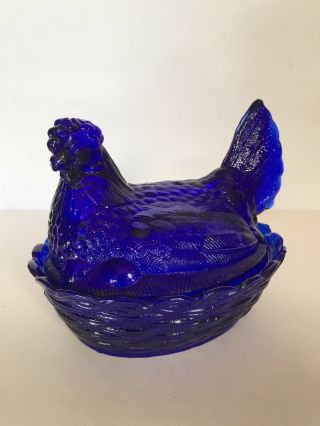 Indiana Glass Hen On Nest Clear Cobalt Blue Chicken Candy Dish Bowl W/ Lid Euc
