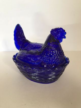Indiana Glass Hen On Nest Clear Cobalt Blue Chicken Candy Dish Bowl w/ Lid EUC 2
