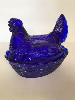 Indiana Glass Hen On Nest Clear Cobalt Blue Chicken Candy Dish Bowl w/ Lid EUC 3