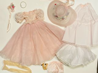Vintage Pink Doll Dress Outfit Clothes Lace Slip Heels Hose Hat For 17” Dolls