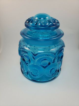 Vintage 5 " Le Smith Moon And Stars Aqua Blue Glass Candy Jar Canister With Lid