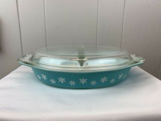 Vintage Pyrex Turquoise Snowflake Divided Casserole Dish Glass Lid 1.  5 Quart