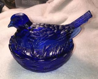 Cobalt Blue Carnival Glass Hen On Nest Candy Dish 5 - 1/2 " Nesting Heisey ?