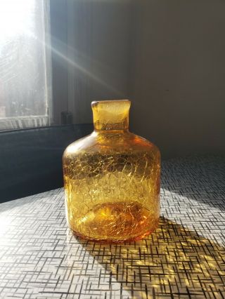 Vintage Blenko Crackle Glass Amber Wheat Vase Rainbow Mcm Pilgrim Mid Century