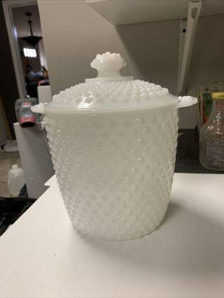 Vintage White Milk Glass Hobnail Ice Bucket Barware