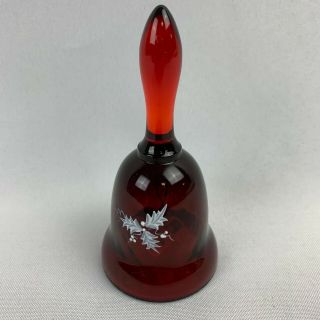 Vintage Fenton Ruby Red Artist Signed Hand - Painted Bell - White Holly Decoration