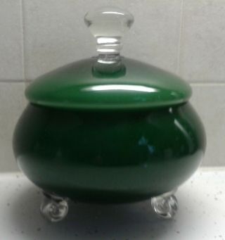Vintage Green Case Glass 3 Footed Candy Jar With Lid