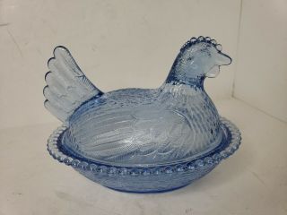 Indiana Vintage Light Blue Glass Covered Chicken Hen On Nest Dish Beaded Clear