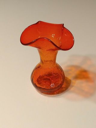 Vintage Blenko 6 " Fire Orange Crackle Glass Ruffle Top Vase