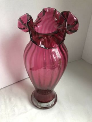 Old Vintage Large Ruby Red Hand Blown Glass Flower Vase 10” Tall 4 3/4”wide Top