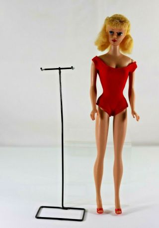 Vintage Mattel Barbie Doll 6,  Blonde Pony Tail Blue Eyeliner Stand Swimsuit