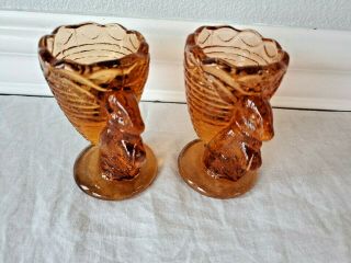 Vintage Fenton Brown Amber Art Glass 3 1/8 " Tall Egg Cups Easter Rabbit Bunny
