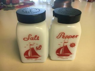 Vintage Mckee Milk Glass Red " Sail Boat " Salt & Pepper Shakers