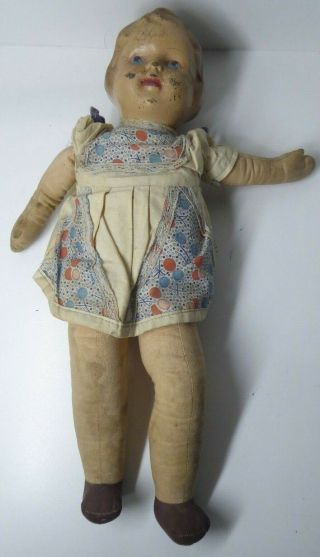 Antique Vintage Composition Paper Mache Head Linen Cloth Body Doll Old Dress